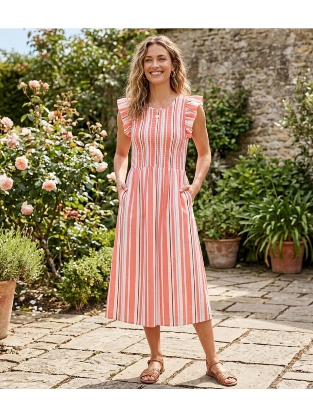 A new day Striped Coral & White Midi Dress size M With Ruffle Sleeves Smocked